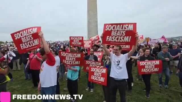 Anti-Trump Protesters in D.C. Hold Up ‘Socialism Beats Fascism’ Signs